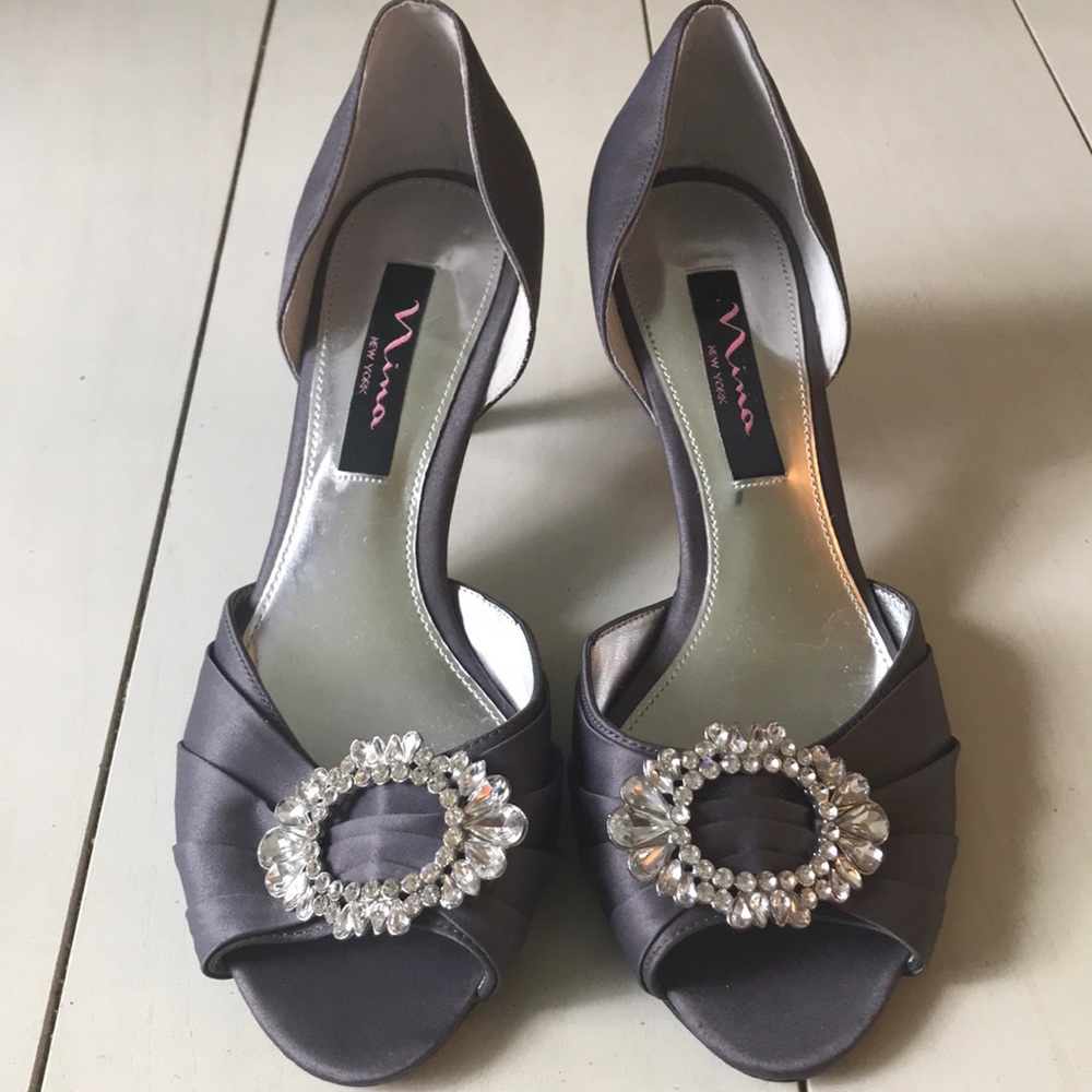 Nina D’Orsay low-heel dark gray satin 7.5